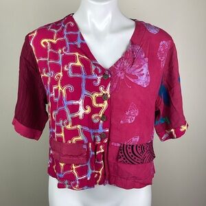 Vintage Button Down Mixed Batik Hippie Short Sleeve Top